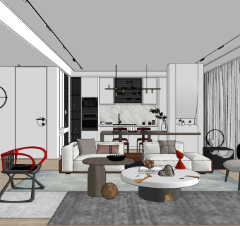 现代客厅餐厅su草图模型下载