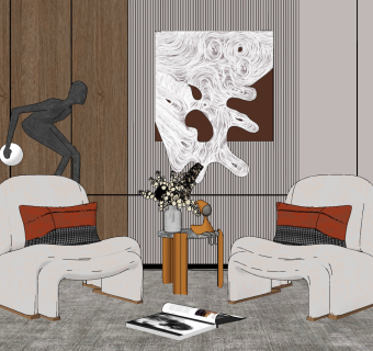 现代单椅边几休闲椅立体画组合su草图模型下载