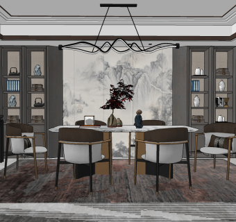 新中式餐厅su草图模型下载