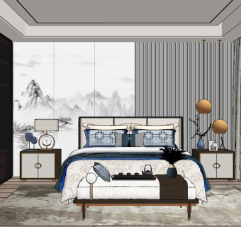新中式卧室su草图模型下载