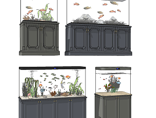 美式魚缸 ,魚缸, 水族箱su草圖模型下載