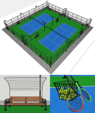 现代室外网球场,su草图模型下载