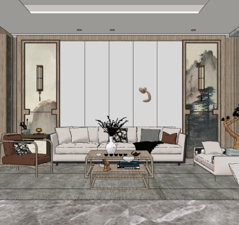 新中式风格客厅su草图模型下载