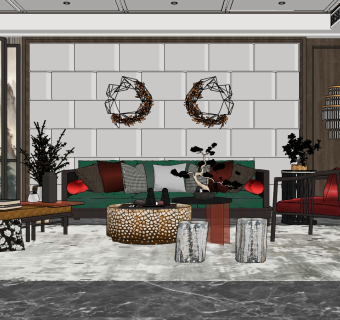 新中式风格客厅su草图模型下载