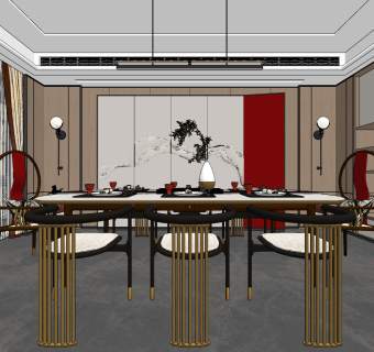 新中式餐厅su草图模型下载