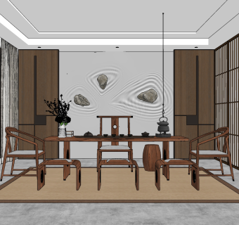 新中式茶室su草图模型下载