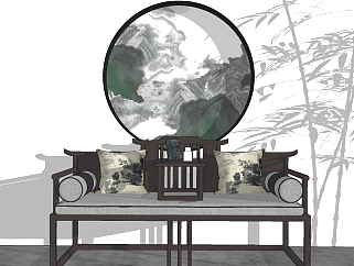 新中式罗汉床,沙发茶几su草图模型下载