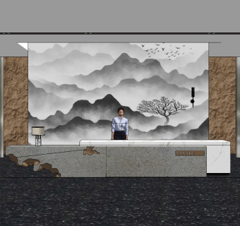 新中式售楼处前厅前台su草图模型下载