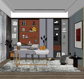 现代轻奢书房su草图模型下载