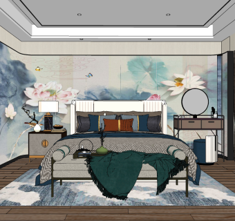 新中式卧室主人房su草图模型下载