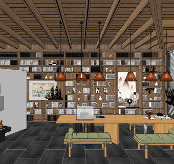 新中式图书馆阅览区su草图模型下载