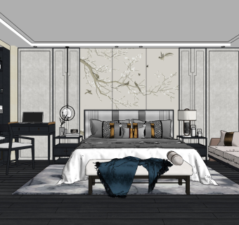 新中式卧室主人房su草图模型下载