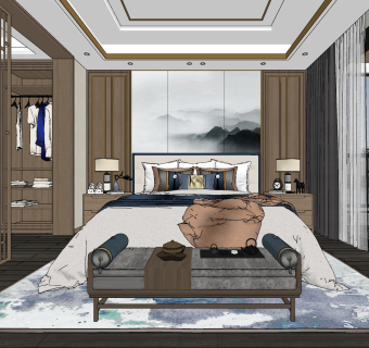 新中式卧室su草图模型下载