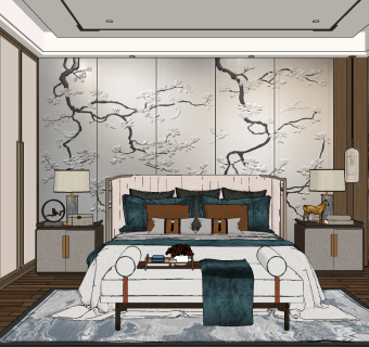 新中式轻奢卧室su草图模型下载