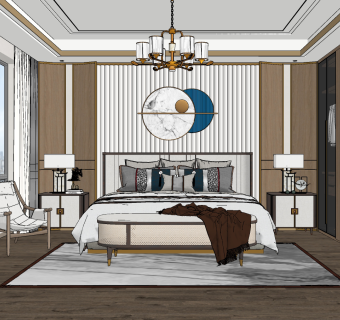 新中式卧室主人房su草图模型下载
