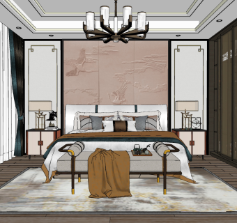 新中式卧室主人房su草图模型下载