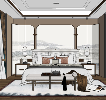 新中式卧室主人房su草图模型下载