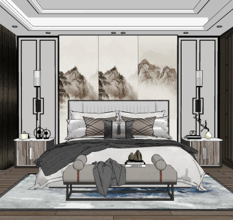 新中式卧室主人房su草图模型下载