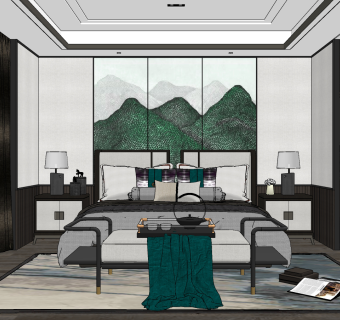 新中式卧室,su草图模型下载