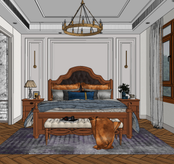 美式轻奢卧室su草图模型下载
