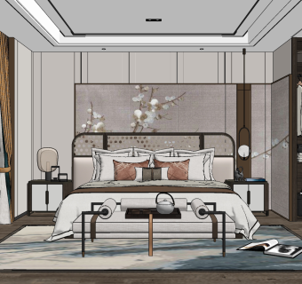 新中式轻奢卧室su草图模型下载