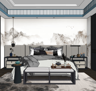 新中式卧室主卧su草图模型下载