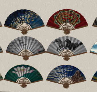 03新中式折扇、扇子，扇面墙饰，挂饰挂件su草图模型下载