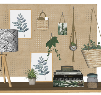 北欧风书桌，墙饰挂饰挂件，吊装绿植植物墙摆件组合、台灯su草图模型下载