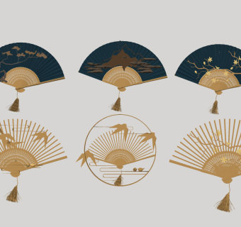 新中式金属扇子、折扇扇面新中式墙饰，挂饰挂件su草图模型下载