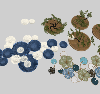 新中式风格荷叶墙饰挂饰挂件su草图模型下载