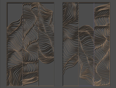 新中式水纹金属墙饰，屏风隔断su草图模型下载