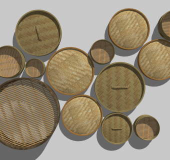 现代自然风民宿墙饰挂饰，蒸屉箩筐，斗笠笼屉su草图模型下载