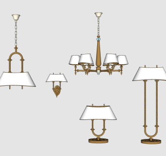 简欧美式时尚铁艺吊灯壁灯落地灯组合su草图模型下载