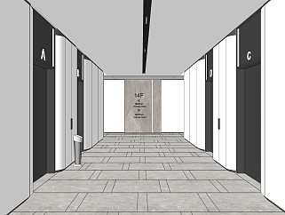 现代简约办公电梯厅，电梯间su草图模型下载