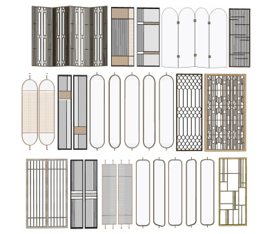 现代新中式金属玻璃隔断屏风，花格 su草图模型下载