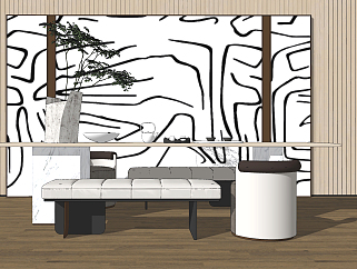现代茶室,茶桌茶椅组合su草图模型下载