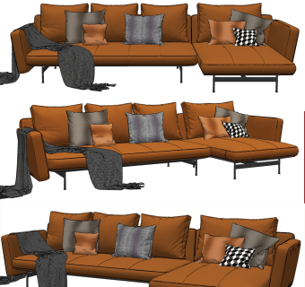 现代皮质沙发，多人皮质转角沙发su草图模型下载