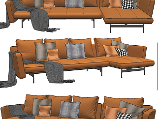 现代皮质沙发，多人皮质转角沙发su草图模型下载