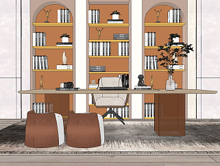 现代书房,书柜,书桌椅组合,su草图模型下载