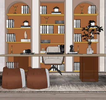 现代书房,书柜,书桌椅组合,su草图模型下载