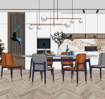 现代轻奢餐厅,餐桌餐椅餐具组合su草图模型下载