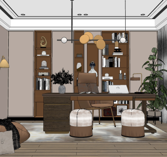 现代轻奢书房su草图模型下载