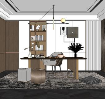 现代轻奢书房su草图模型下载
