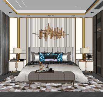 现代简欧式轻奢主卧室su草图模型下载