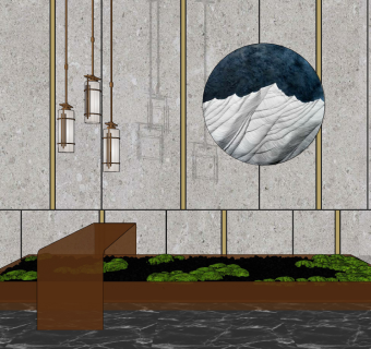 现代植物端景台,金属吊灯, 景观小品水景su草图模型下载