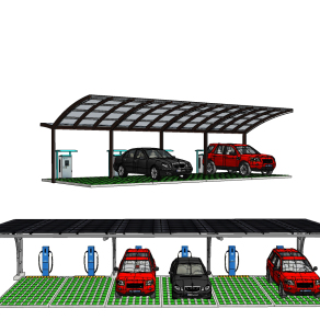 现代停车棚充电桩，遮阳车棚,su草图模型下载