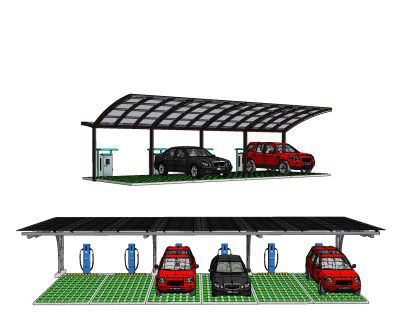 现代停车棚充电桩，遮阳车棚,su草图模型下载