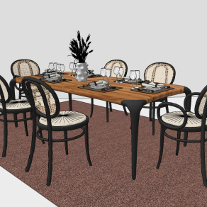 美式乡村户外铁艺原木条形餐桌椅su草图模型下载