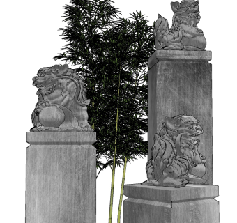 新中式石狮子雕塑摆件su草图模型下载