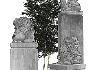 新中式石狮子雕塑摆件su草图模型下载